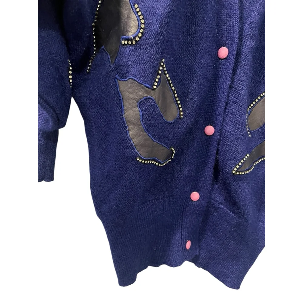 Vintage 80's Vasginie Italian Mohair Artisan Blue Cardigan Size Medium Applique - Picture 6 of 10